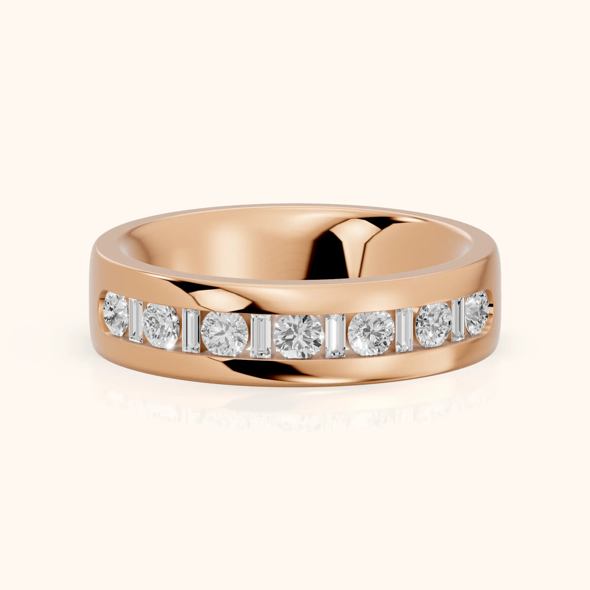Lydia Channel Set Round & Baguette Diamond Half Eternity Band in Rose Gold - FrontView
