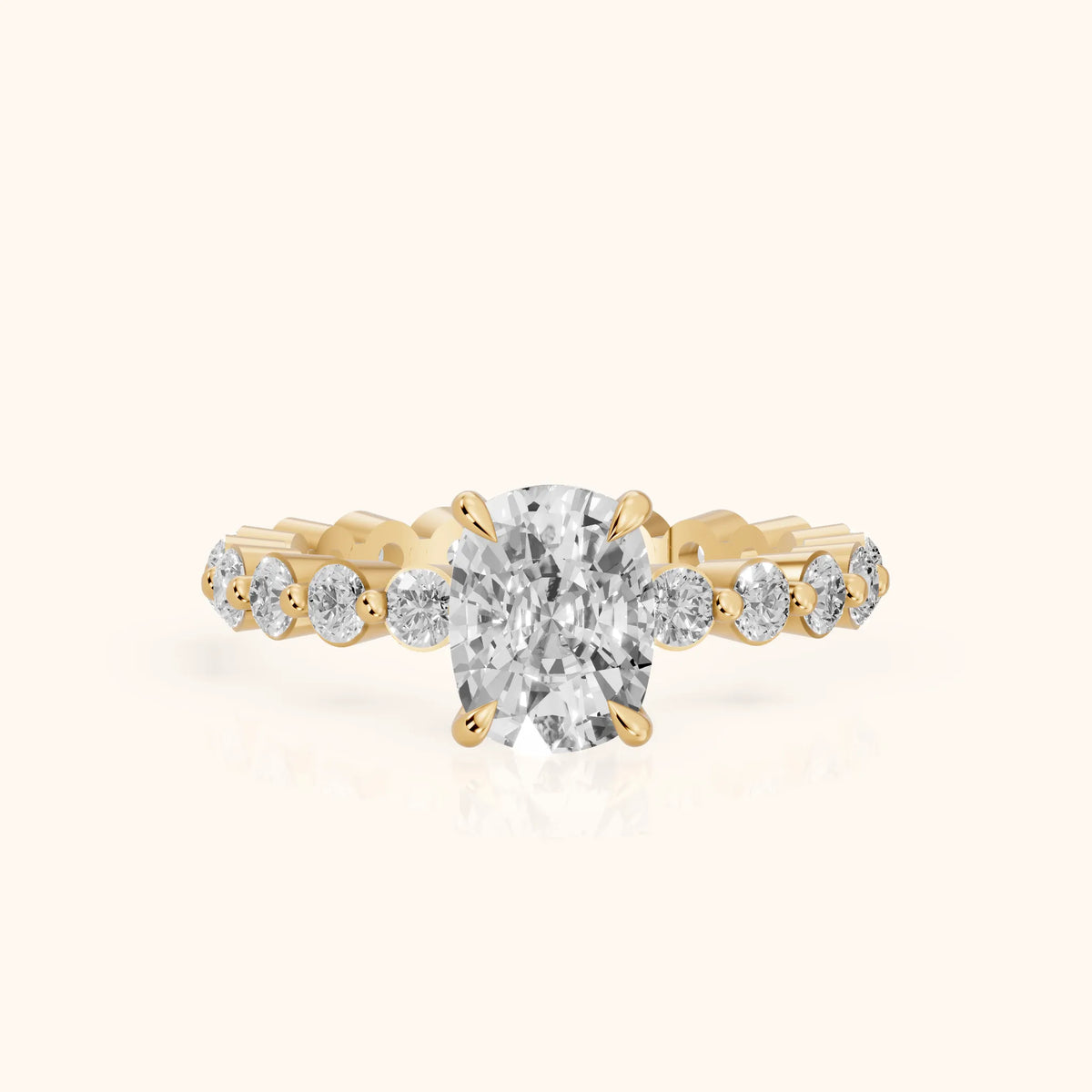 Piper Sidestone Cushion Diamond Engagement Ring in Yellow Gold - FrontView.webp