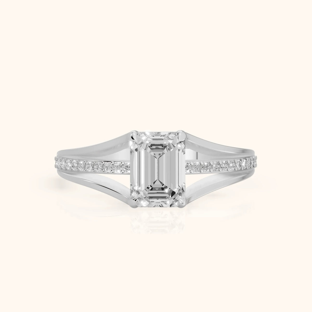 Lucinda Split Shank Emerald Diamond Engagement Ring in Platinum - FrontView.webp