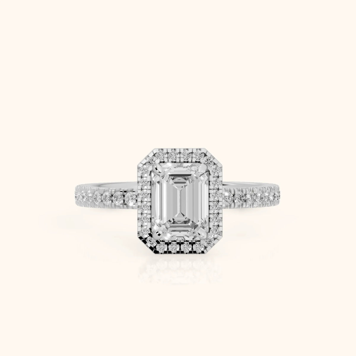 Rosemary Halo Pavé Emerald Diamond Engagement Ring in Platinum - FrontView.webp