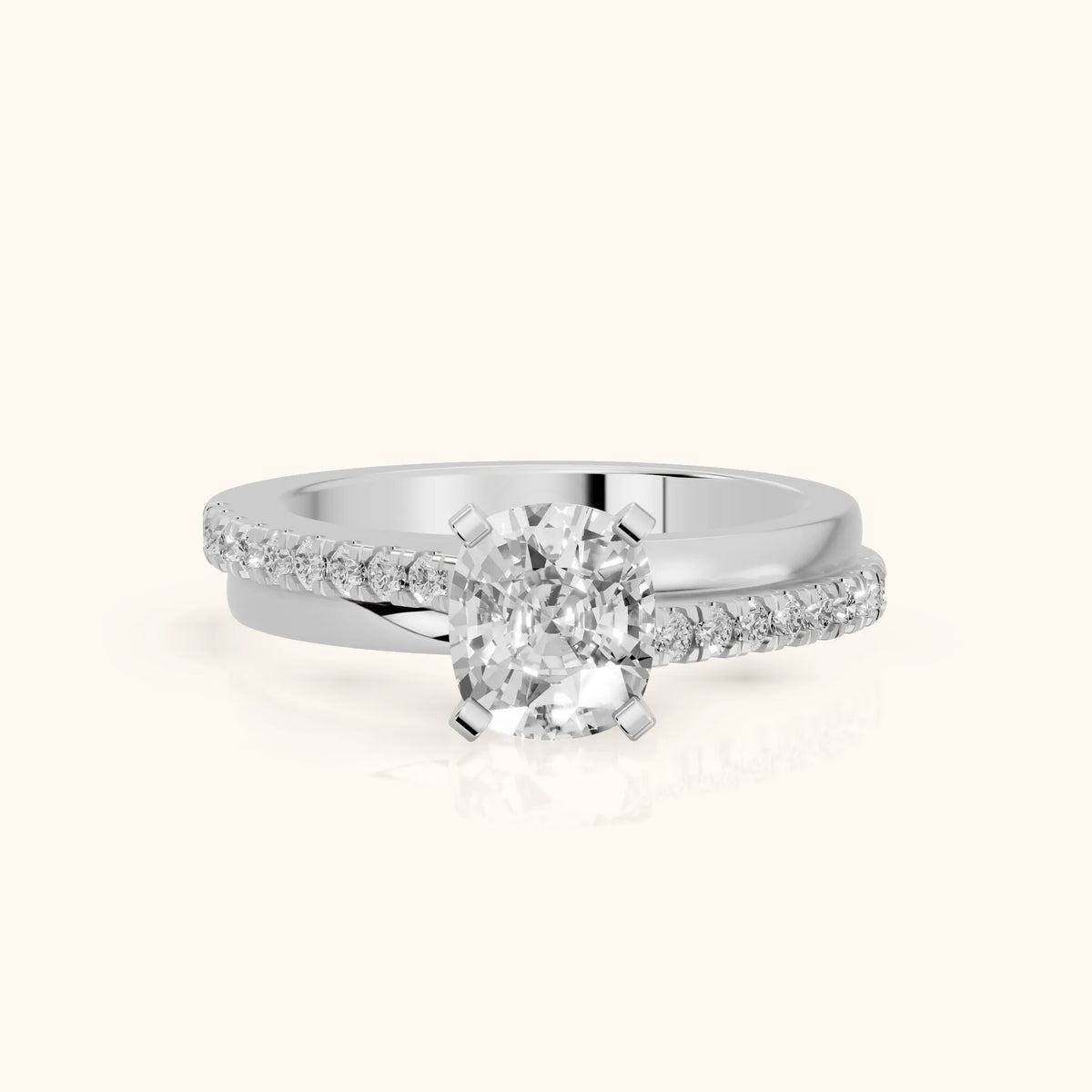 Edith Criss Cross Pavé Cushion Diamond Engagement Ring in White Gold - FrontView.webp