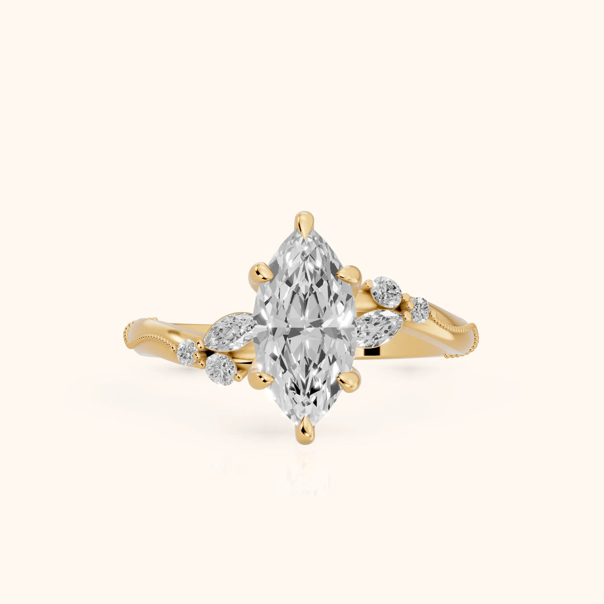 Joanna Milgrain Twist Marquise Diamond Engagement Ring in Yellow Gold - FrontView.webp