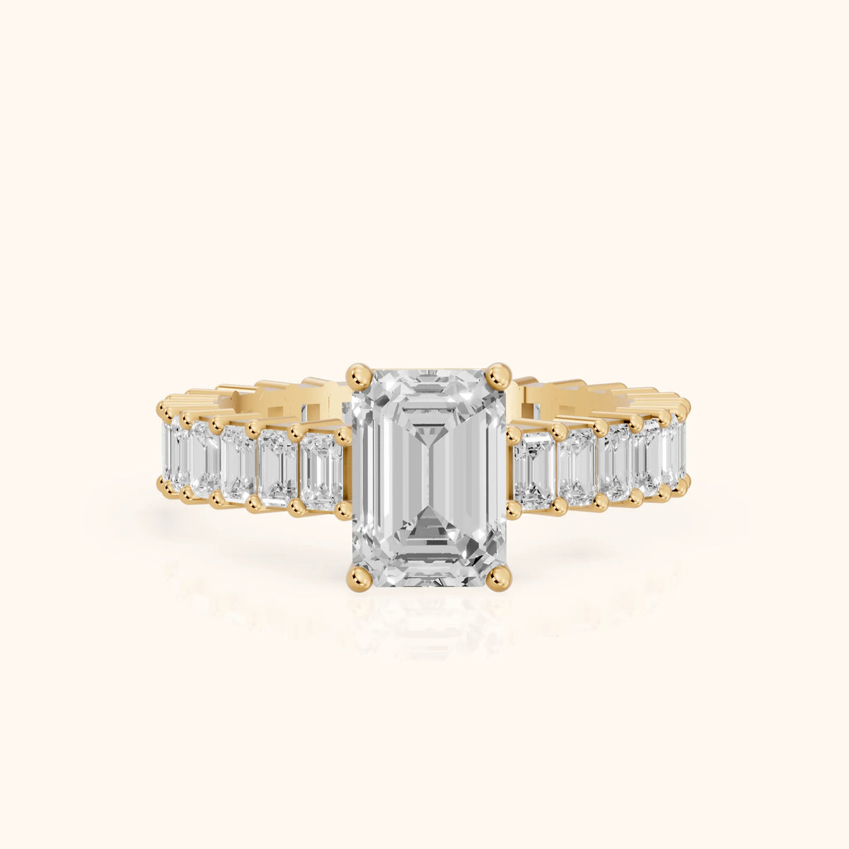 Mallory Shared Prong Emerald Diamond Engagement Ring in Yellow Gold - FrontView.webp