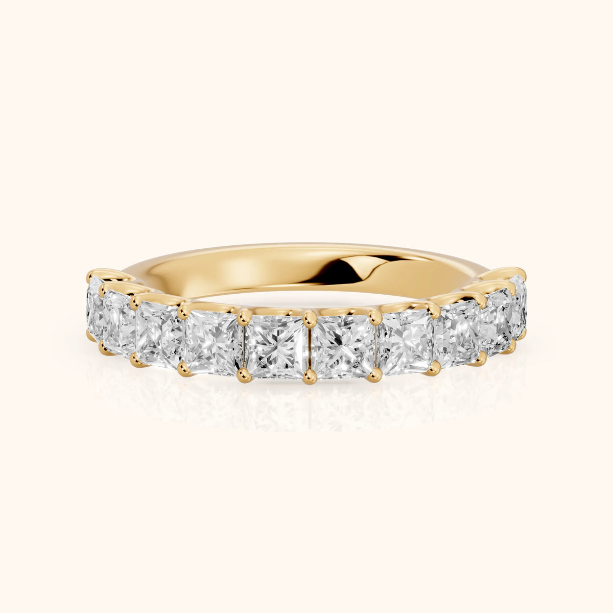 Pia Shared Prong Princess Diamond Half Eternity Band in Yellow Gold - FrontView
