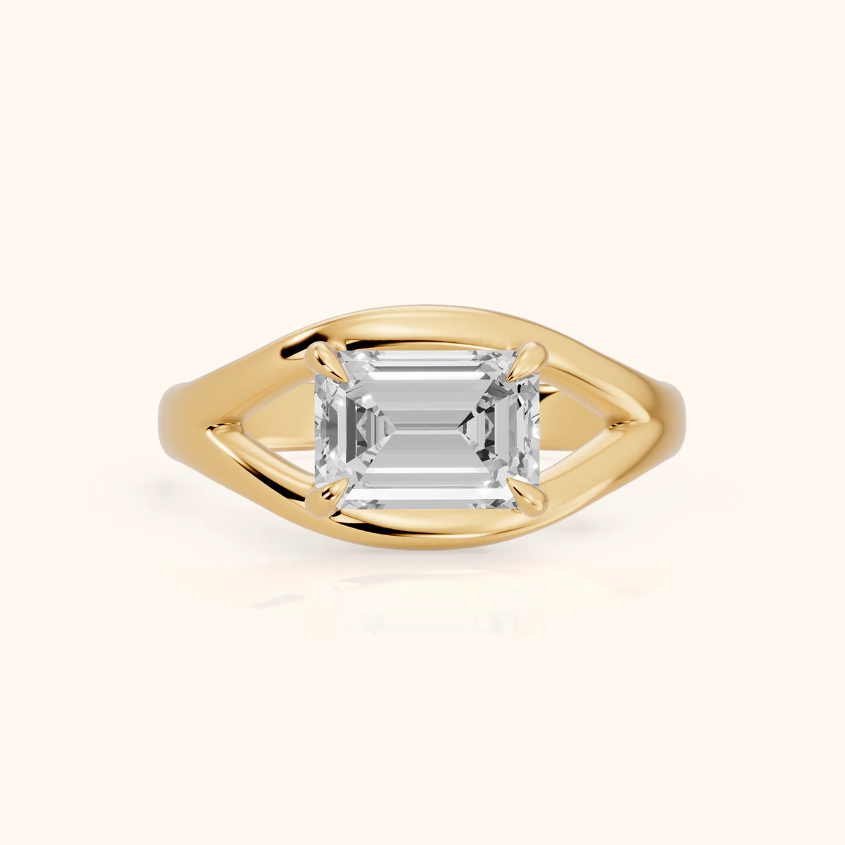 Madeleine Split Shank Emerald Diamond Engagement Ring in Yellow Gold - FrontView.webp