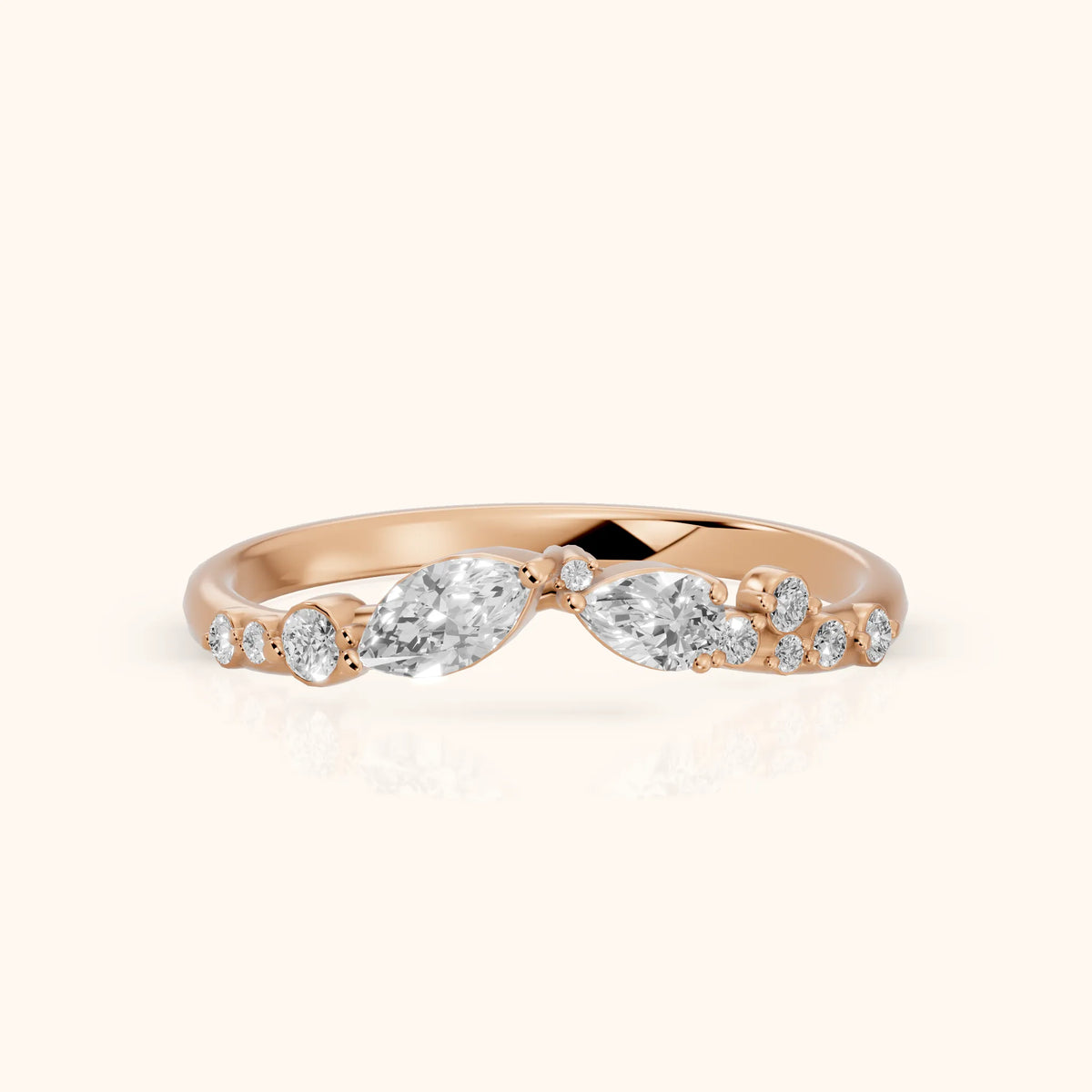 Sonia Curved Marquise & Round Diamond Wedding Band in Rose Gold - FrontView