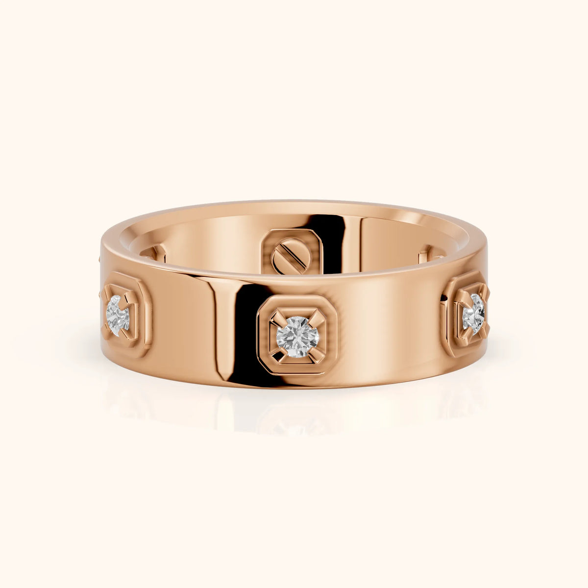 Paloma Compass Prong Round Diamond Wedding Band in Rose Gold - FrontView