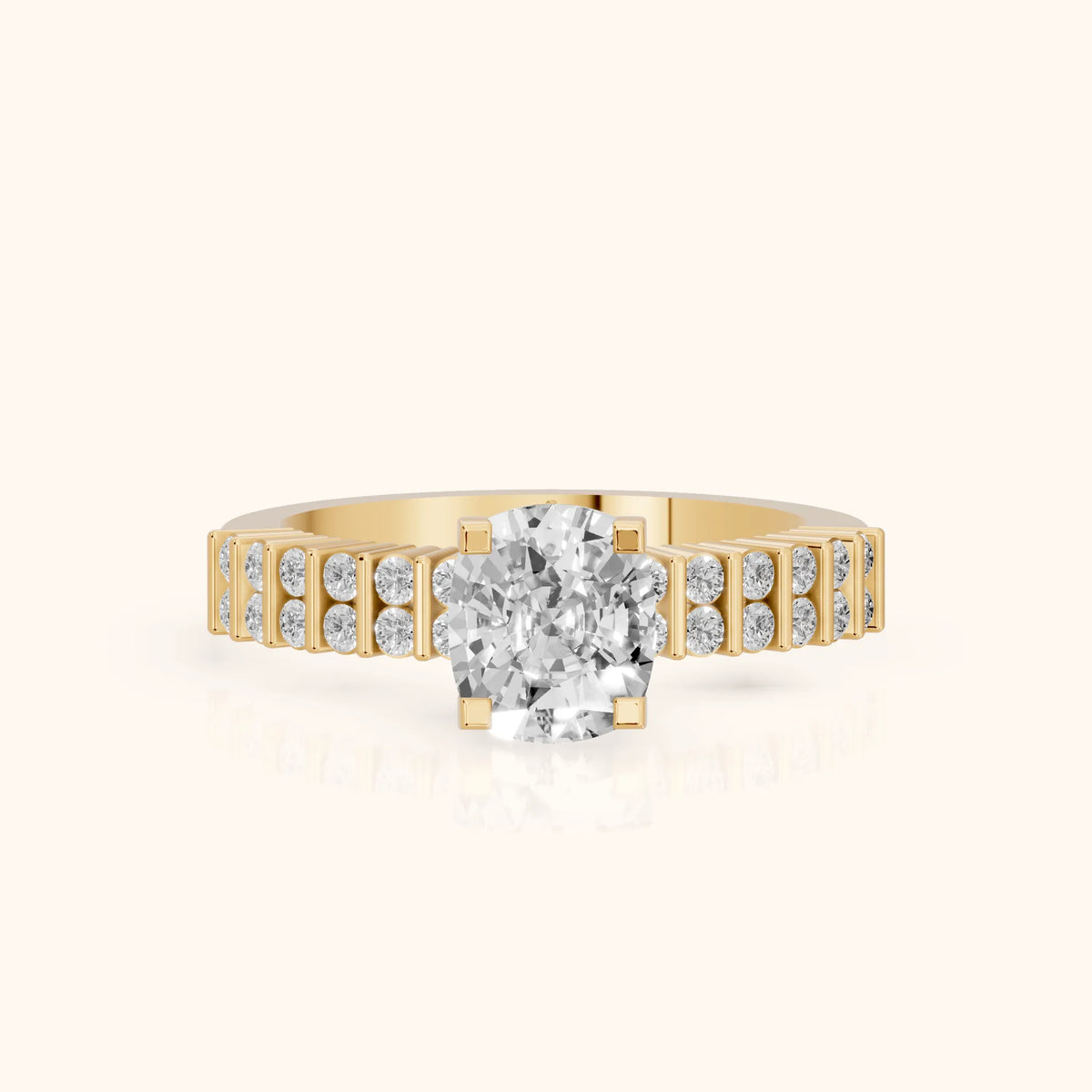 Honor Sidestone Cushion Diamond Engagement Ring in Yellow Gold - FrontView.webp