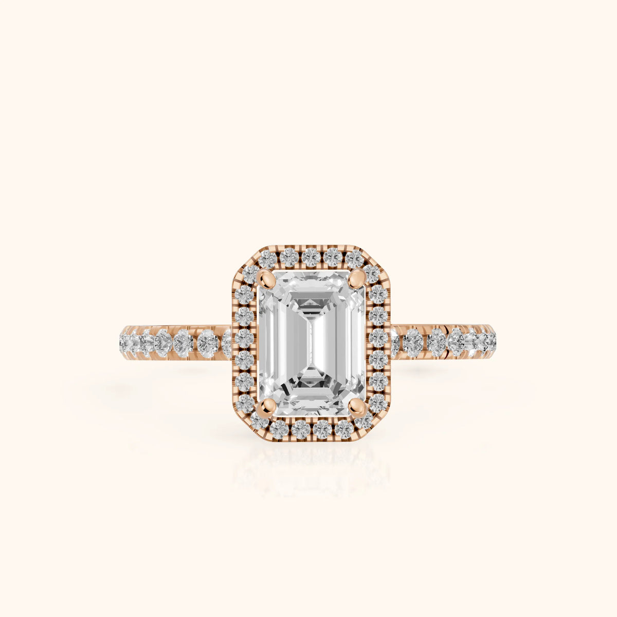 Mabel Halo French Pavé Emerald Diamond Engagement Ring in Rose Gold - FrontView.webp
