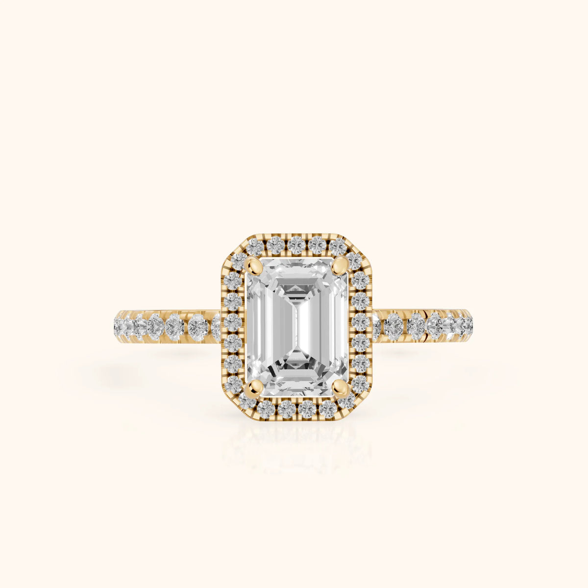 Mabel Halo French Pavé Emerald Diamond Engagement Ring in Yellow Gold - FrontView.webp
