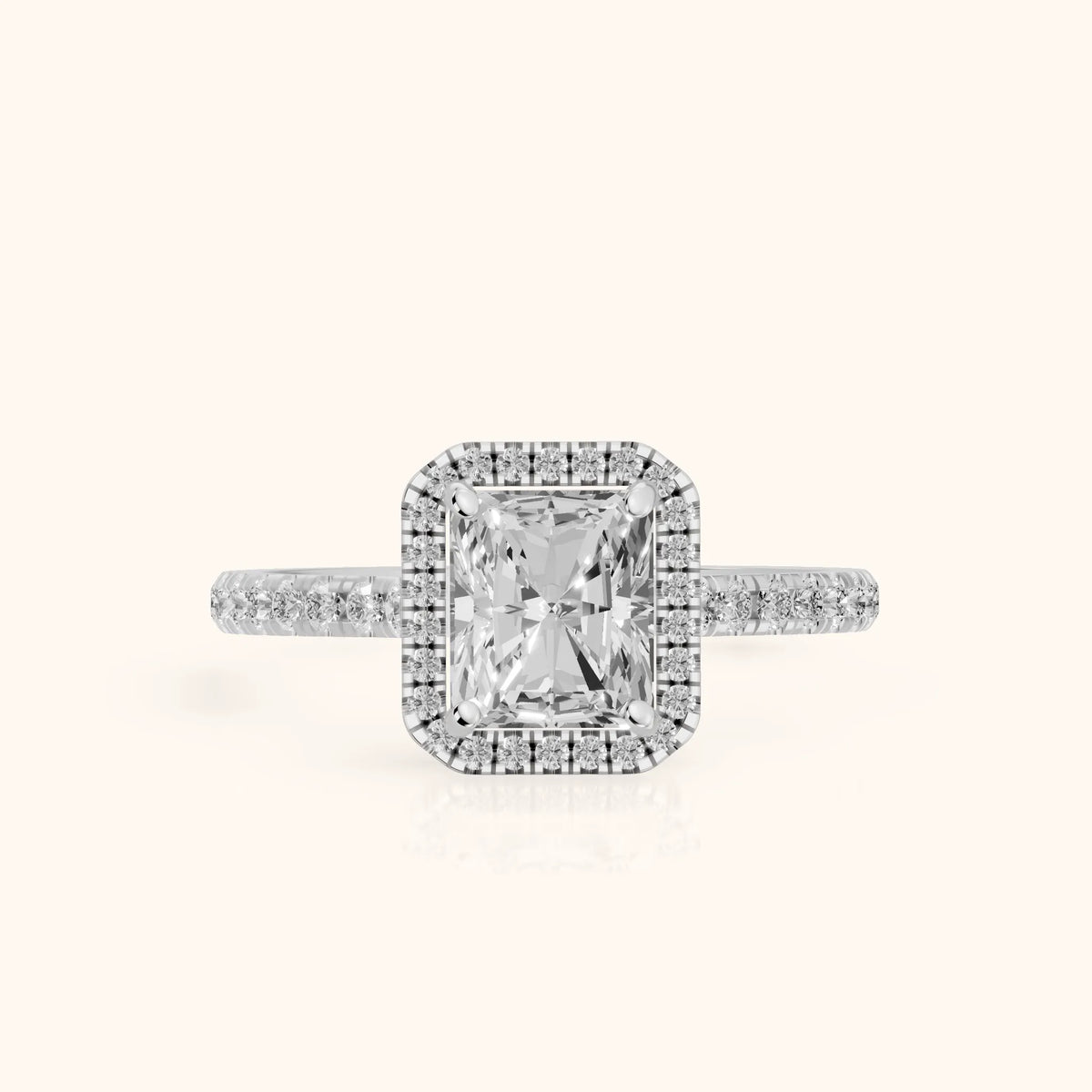 Mabel Halo French Pavé Radiant Diamond Engagement Ring in White Gold - FrontView.webp