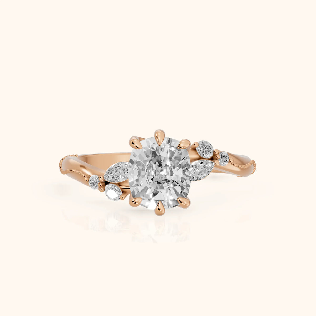 Joanna Milgrain Twist Cushion Diamond Engagement Ring in Rose Gold - FrontView.webp