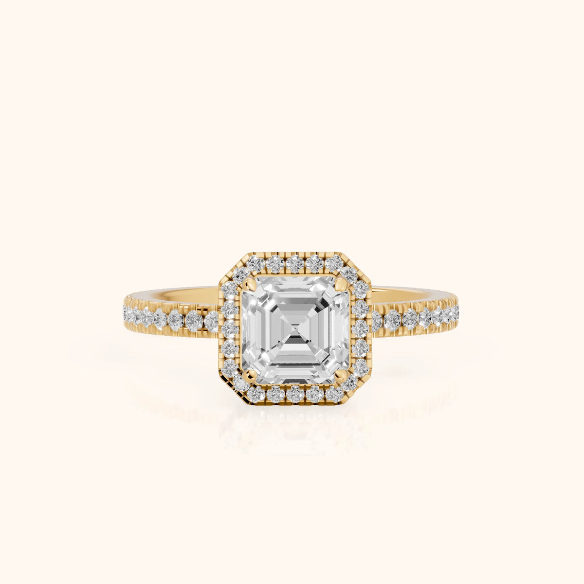 Rosemary Halo Pavé Asscher Diamond Engagement Ring in Yellow Gold - FrontView.webp