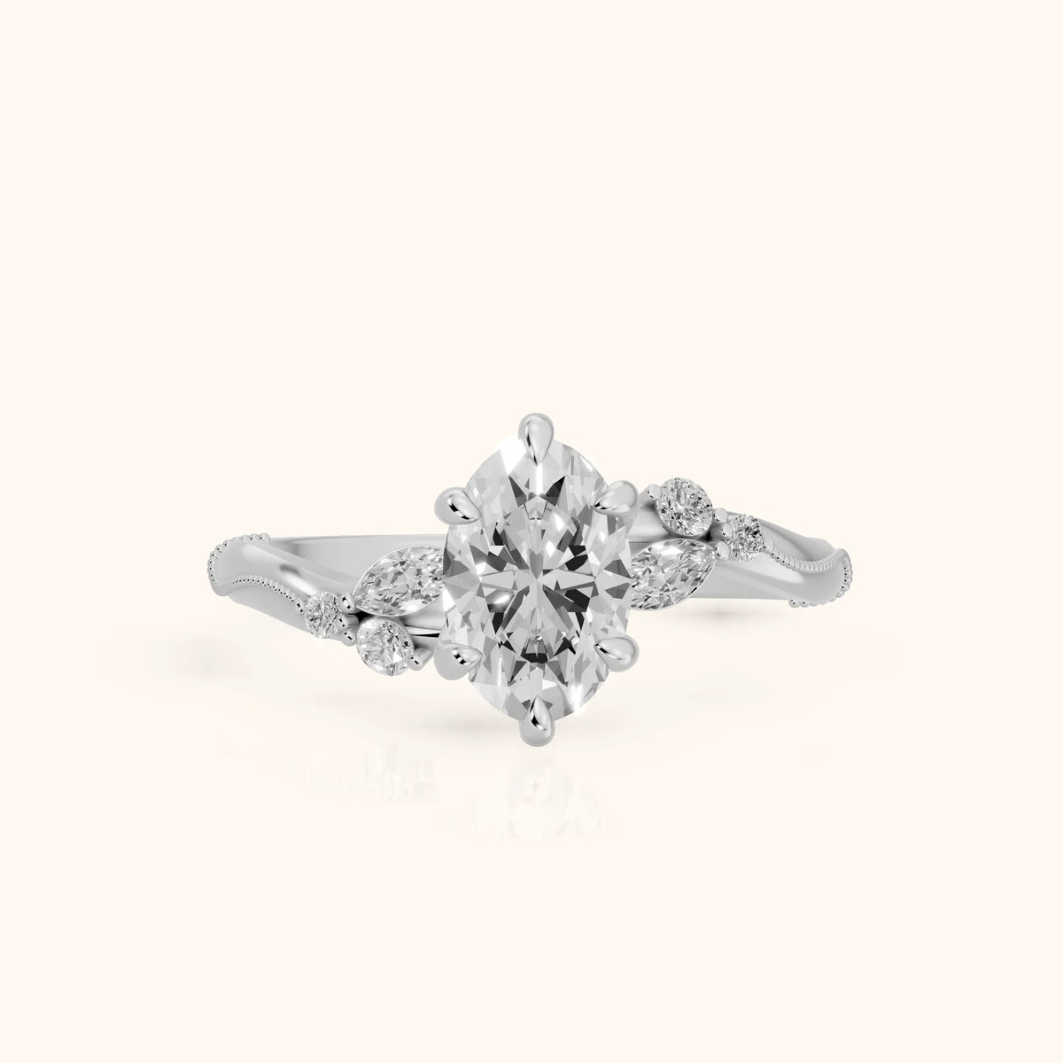 Joanna Milgrain Twist Oval Diamond Engagement Ring in White Gold - FrontView.webp