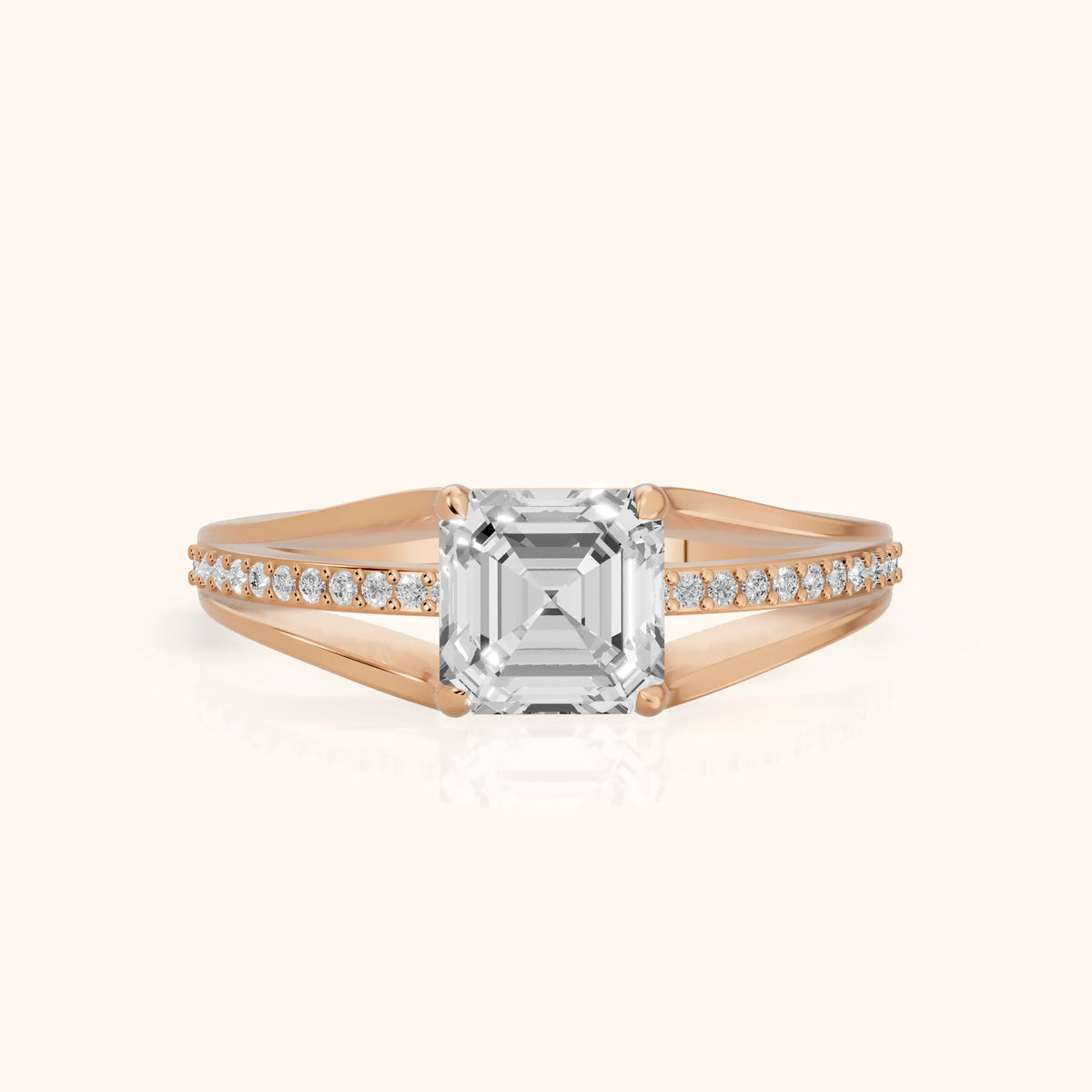 Lucinda Split Shank Asscher Diamond Engagement Ring in Rose Gold - FrontView.webp