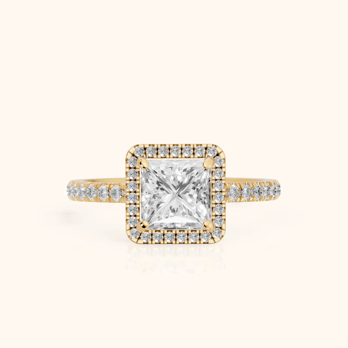 Mabel Halo French Pavé Princess Diamond Engagement Ring in Yellow Gold - FrontView.webp