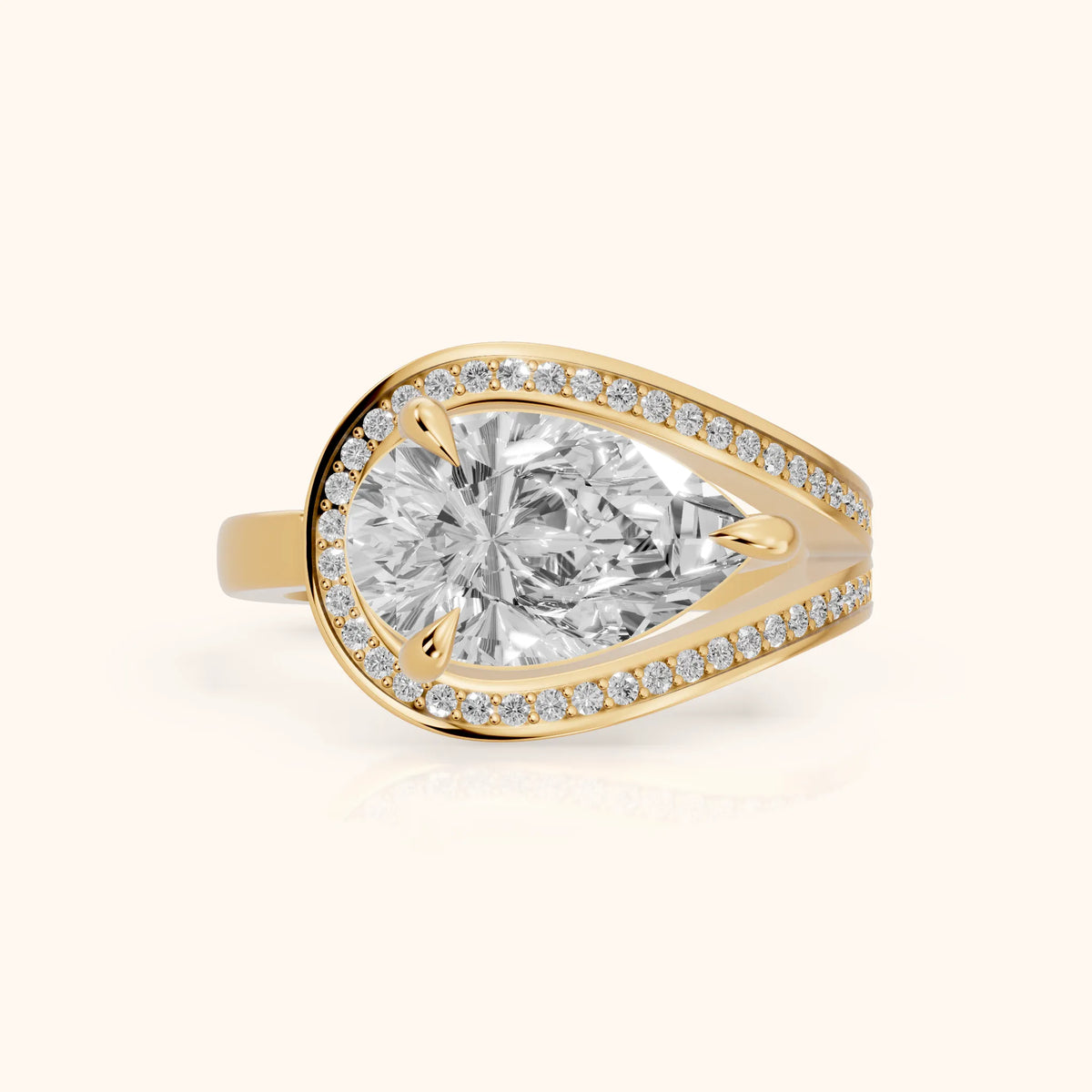 Ellery East-West Split Shank Pear Diamond Engagement Ring in Yellow Gold - FrontView.webp