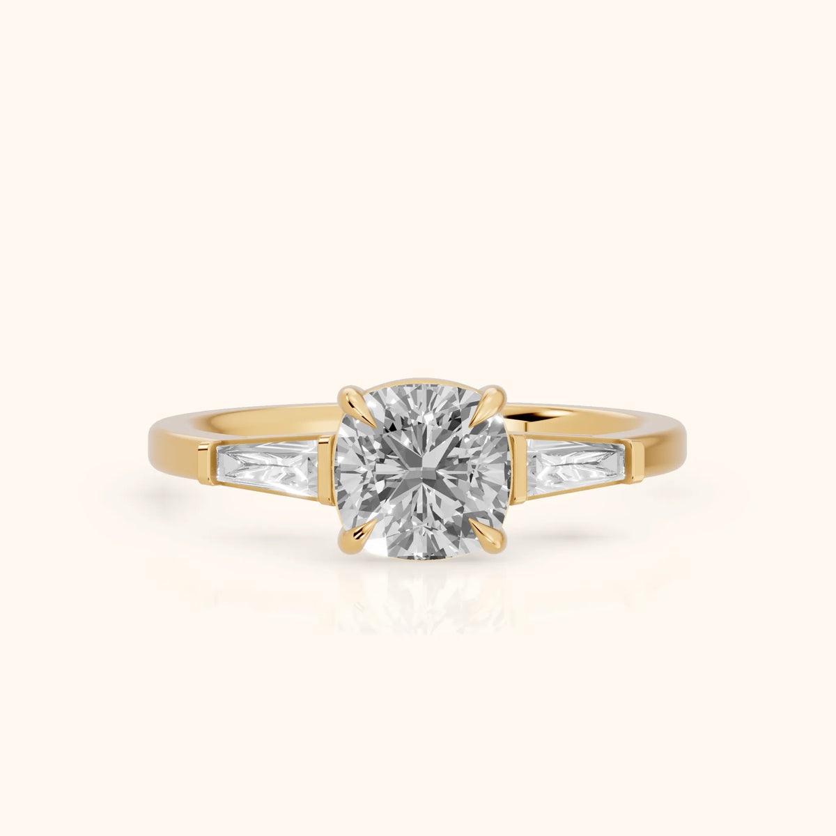 Winnie Three-Stone Cushion Diamond Engagement Ring in Yellow Gold - FrontView.webp