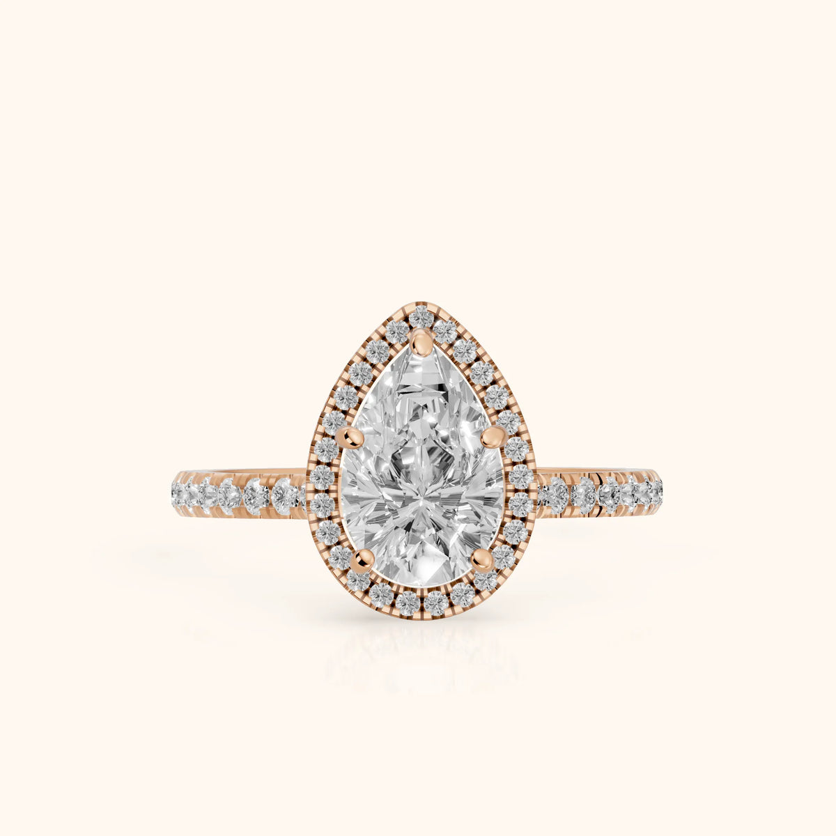 Mabel Halo French Pavé Pear Diamond Engagement Ring in Rose Gold - FrontView.webp