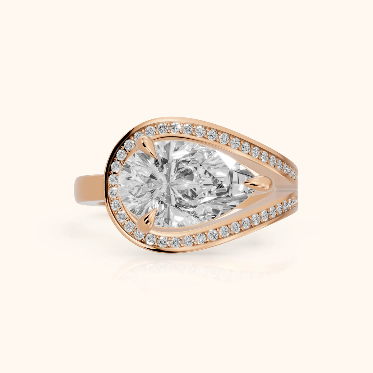 Ellery East-West Split Shank Pear Diamond Engagement Ring in Rose Gold - FrontView.webp