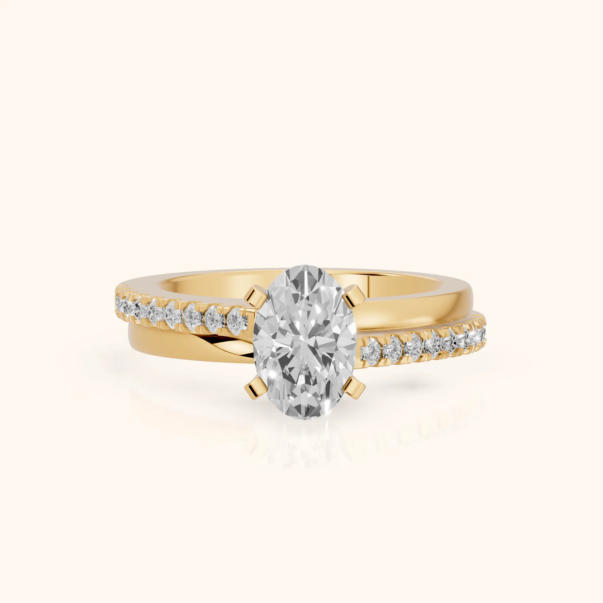 Edith Criss Cross Pavé Oval Diamond Engagement Ring in Yellow Gold - FrontView.webp