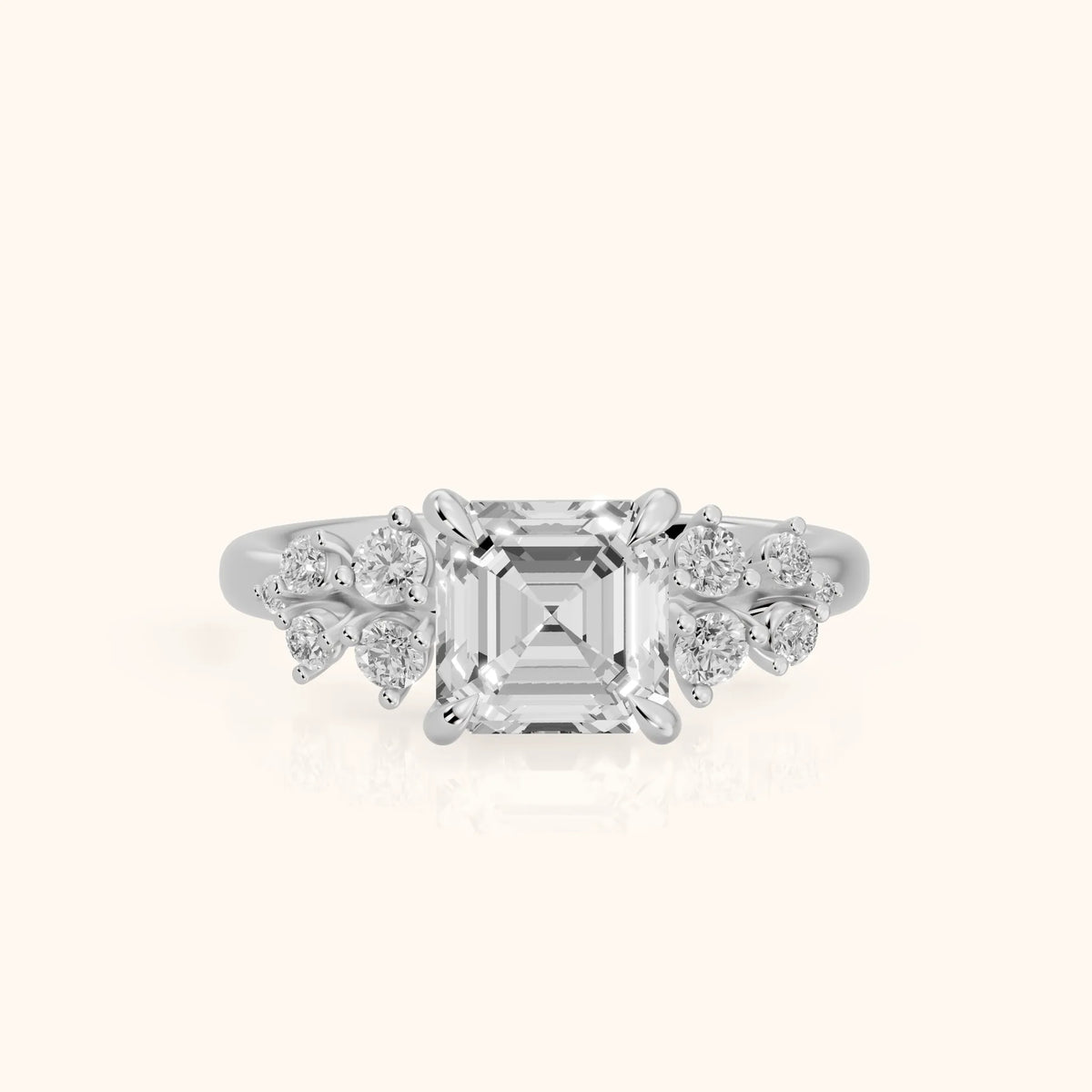 Mirabelle Cluster Asscher Diamond Engagement Ring in White Gold - FrontView.webp