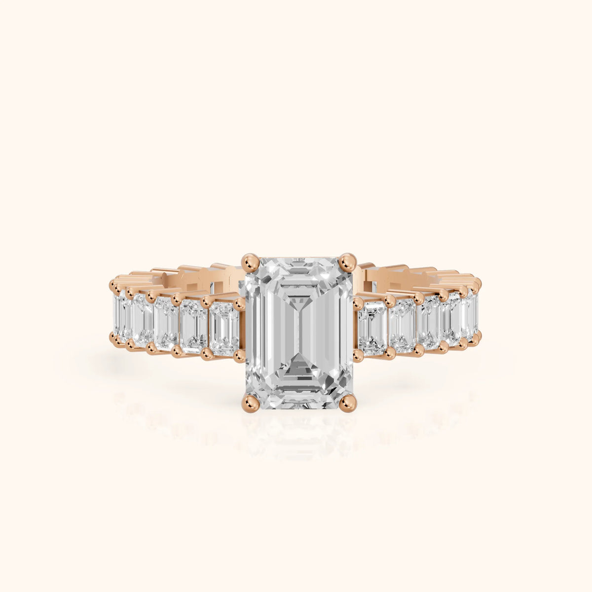 Mallory Shared Prong Emerald Diamond Engagement Ring in Rose Gold - FrontView.webp