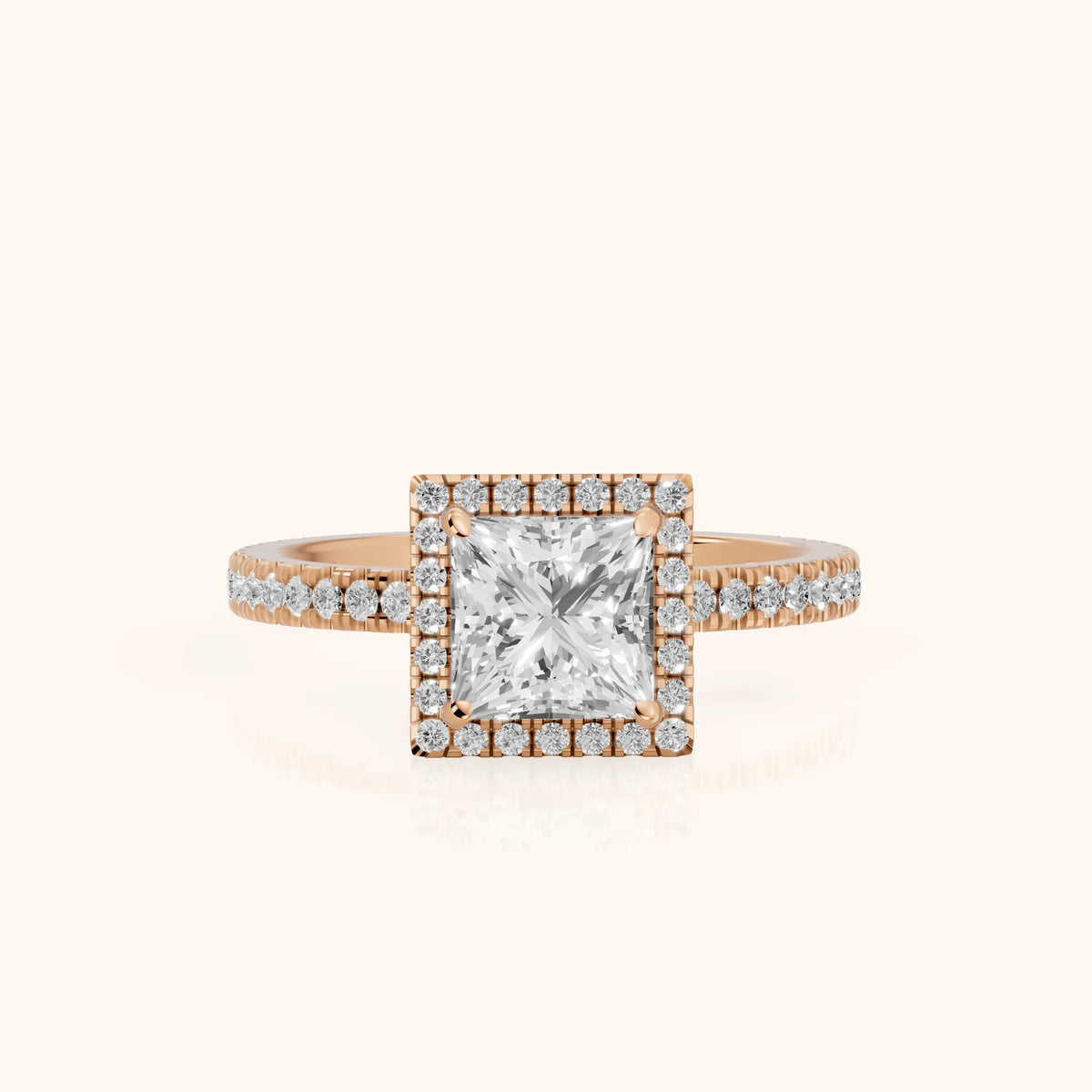 Rosemary Halo Pavé Princess Diamond Engagement Ring in Rose Gold - FrontView.webp