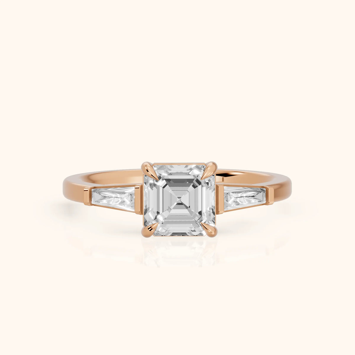 Winnie Three-Stone Asscher Diamond Engagement Ring in Rose Gold - FrontView.webp
