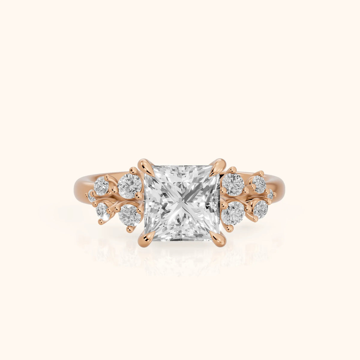 Mirabelle Cluster Princess Diamond Engagement Ring in Rose Gold - FrontView.webp