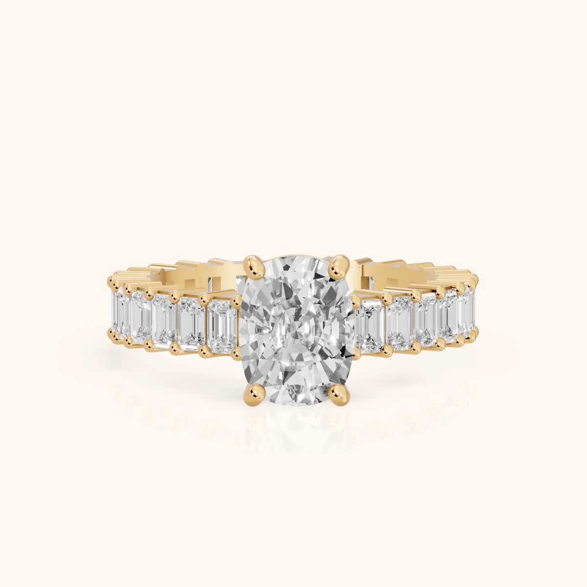 Mallory Shared Prong Cushion Diamond Engagement Ring in Yellow Gold - FrontView.webp