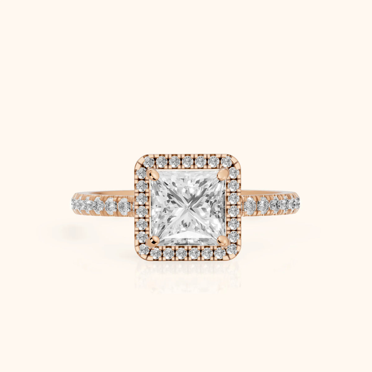 Mabel Halo French Pavé Princess Diamond Engagement Ring in Rose Gold - FrontView.webp