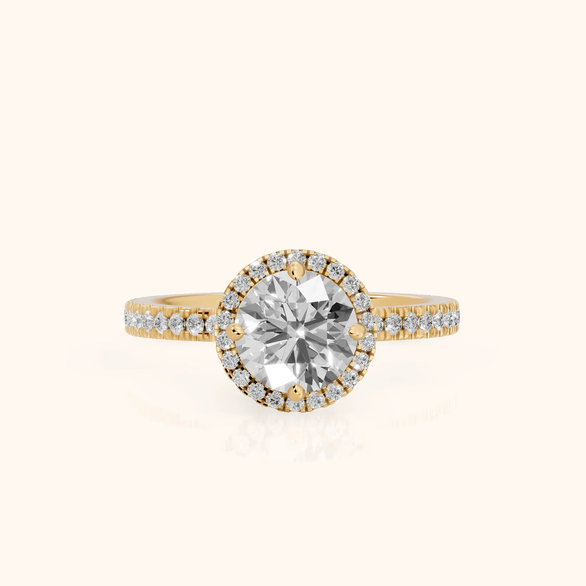 Rosemary Halo Pavé Round Diamond Engagement Ring in Yellow Gold - FrontView.webp