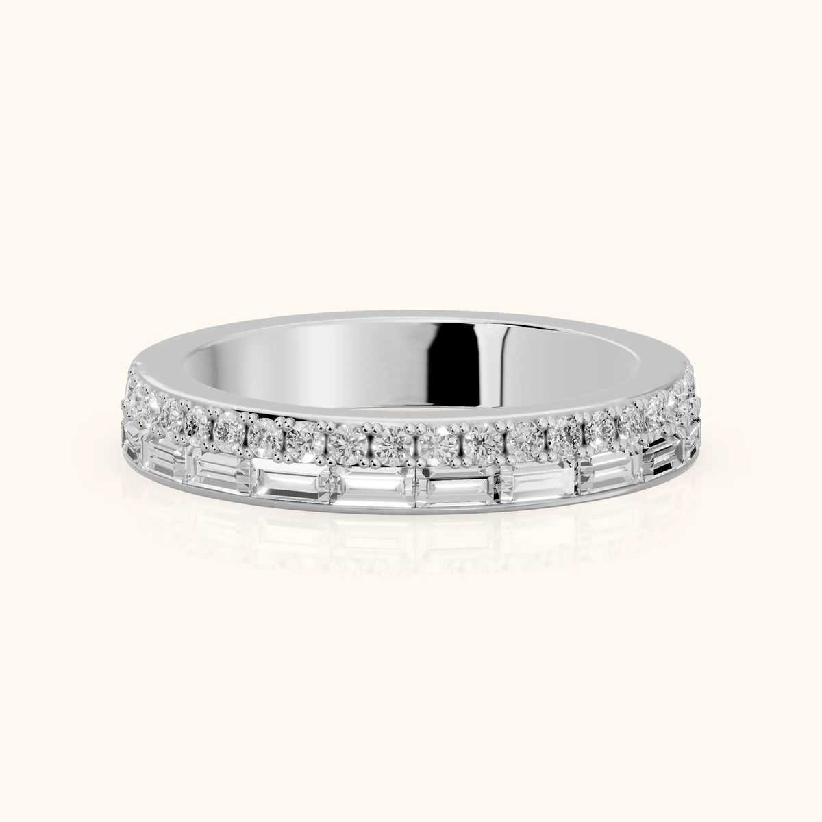 Sidonie Channel Set Round & Baguette Diamond Anniversary Ring in Silver - FrontView