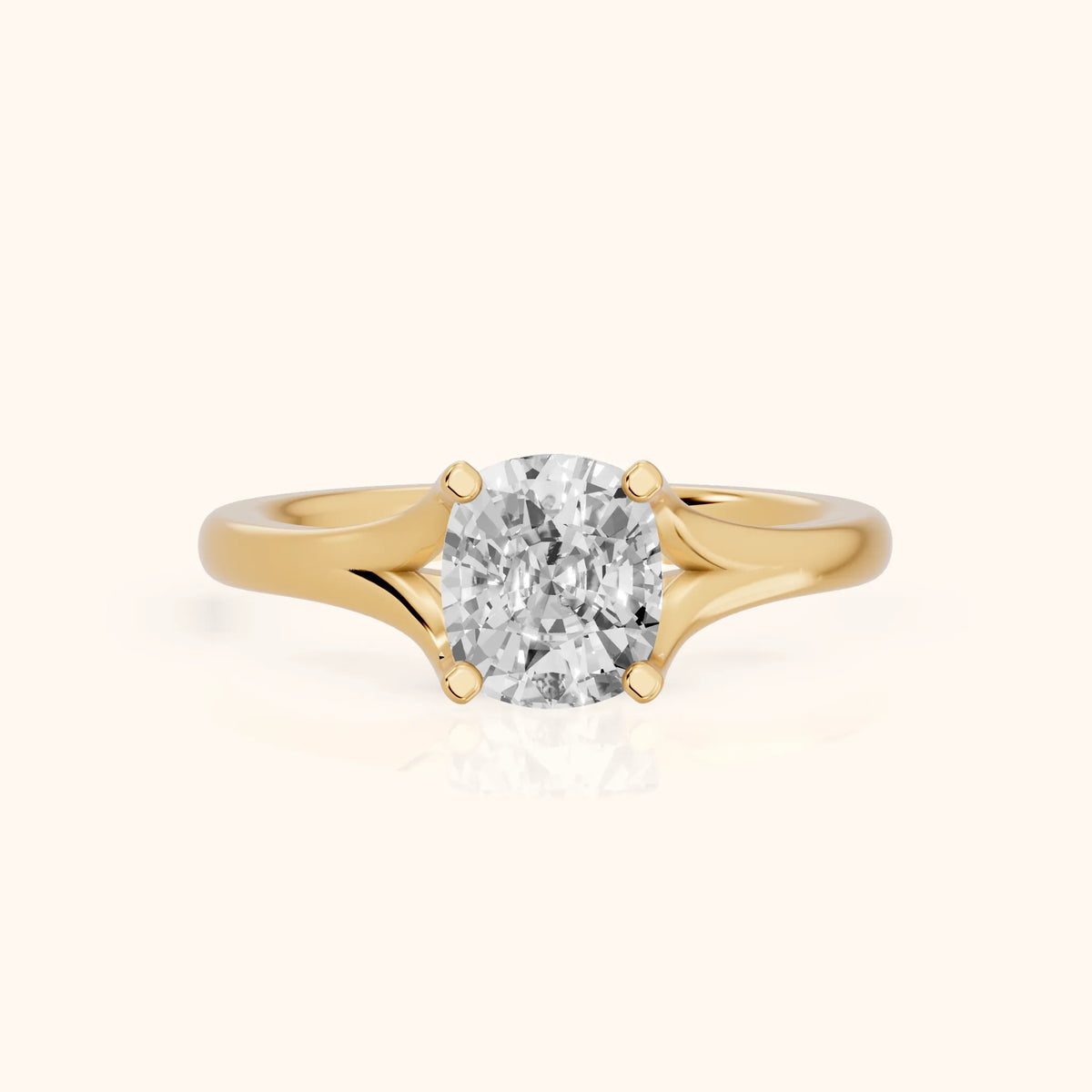 Nell Split Shank Solitaire Cushion Diamond Engagement Ring in Yellow Gold - FrontView.webp