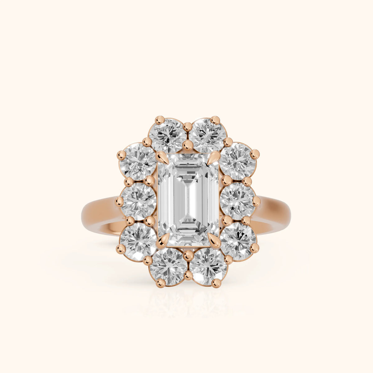 Phoebe Cluster Emerald Diamond Engagement Ring in Rose Gold - FrontView.webp