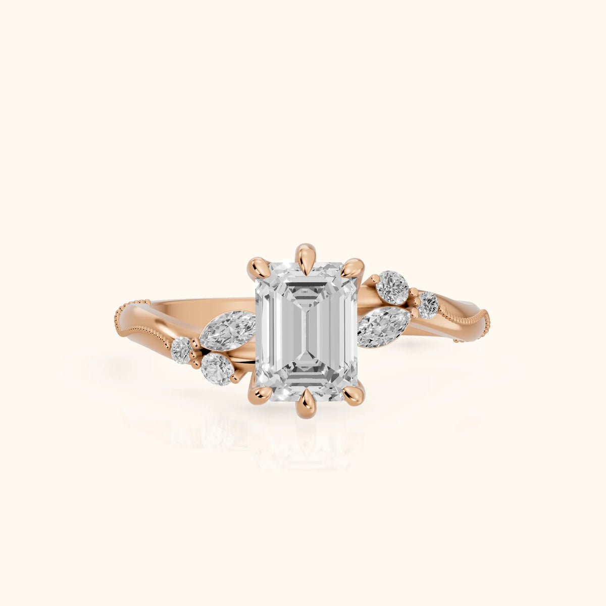 Joanna Milgrain Twist Emerald Diamond Engagement Ring in Rose Gold - FrontView.webp