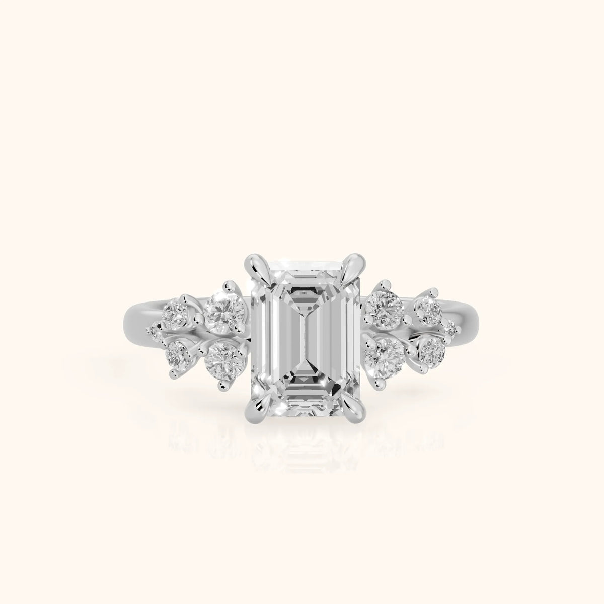 Mirabelle Cluster Emerald Diamond Engagement Ring in Silver - FrontView.webp
