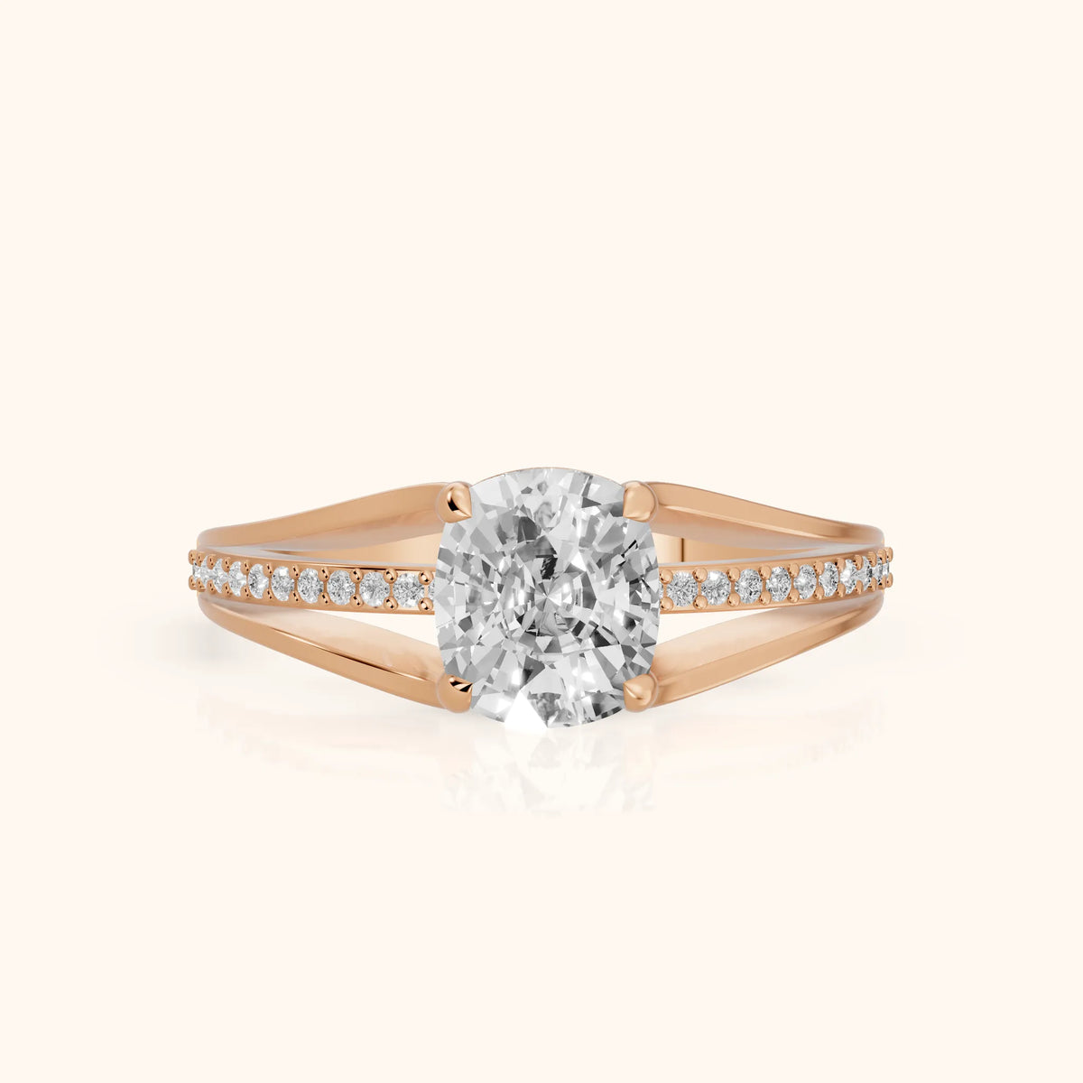 Lucinda Split Shank Cushion Diamond Engagement Ring in Rose Gold - FrontView.webp