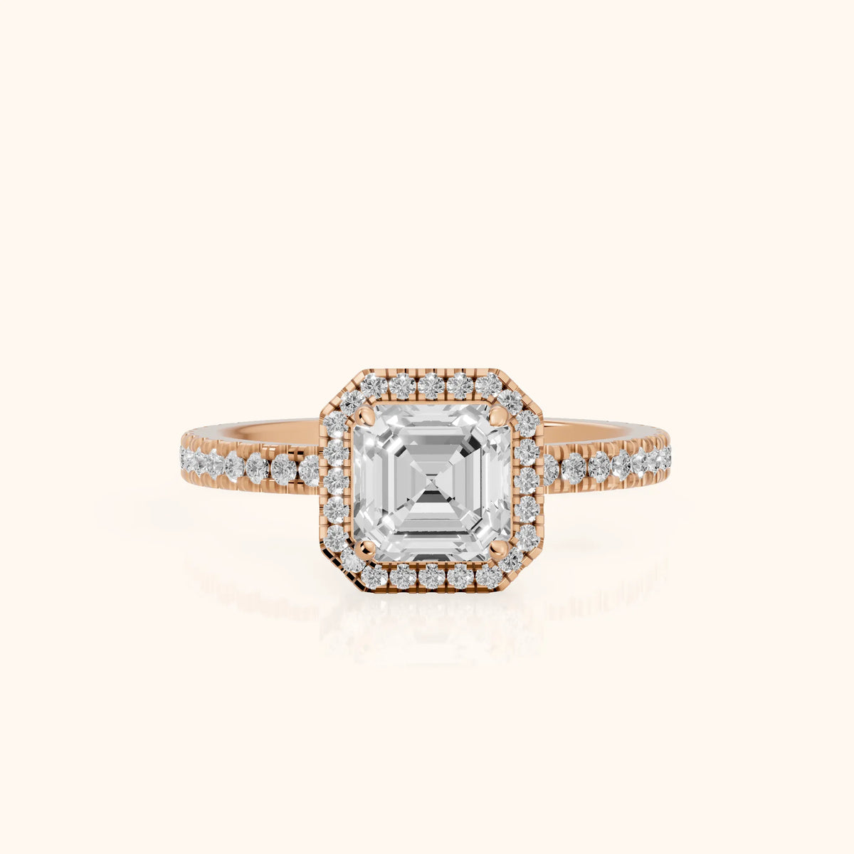 Rosemary Halo Pavé Asscher Diamond Engagement Ring in Rose Gold - FrontView.webp