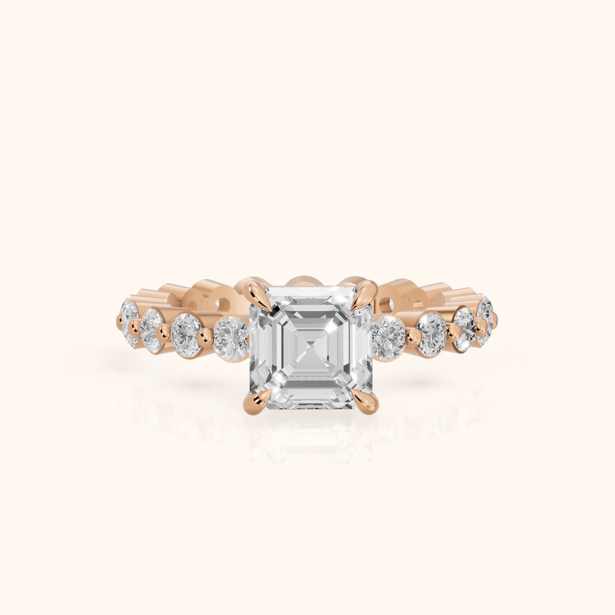 Piper Sidestone Asscher Diamond Engagement Ring in Rose Gold - FrontView.webp