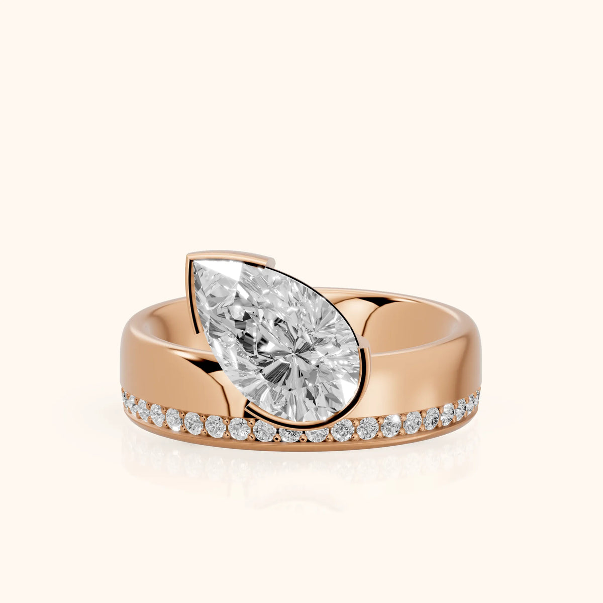 Summer Partial Bezel Pavé Pear Diamond Engagement Ring in Rose Gold - FrontView.webp