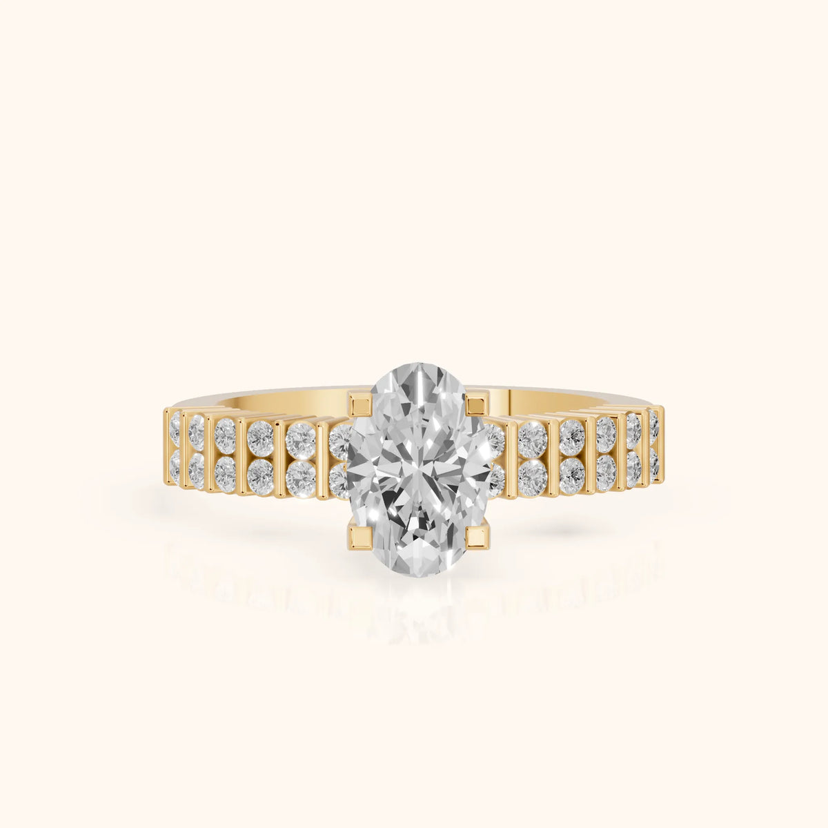 Honor Sidestone Oval Diamond Engagement Ring in Yellow Gold - FrontView.webp