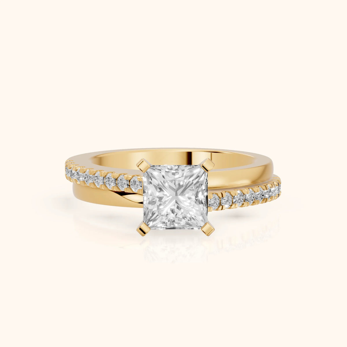 Edith Criss Cross Pavé Princess Diamond Engagement Ring in Yellow Gold - FrontView.webp