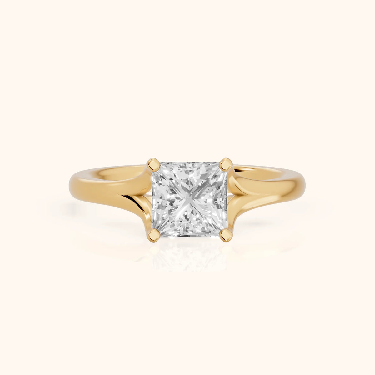 Nell Split Shank Solitaire Princess Diamond Engagement Ring in Yellow Gold - FrontView.webp