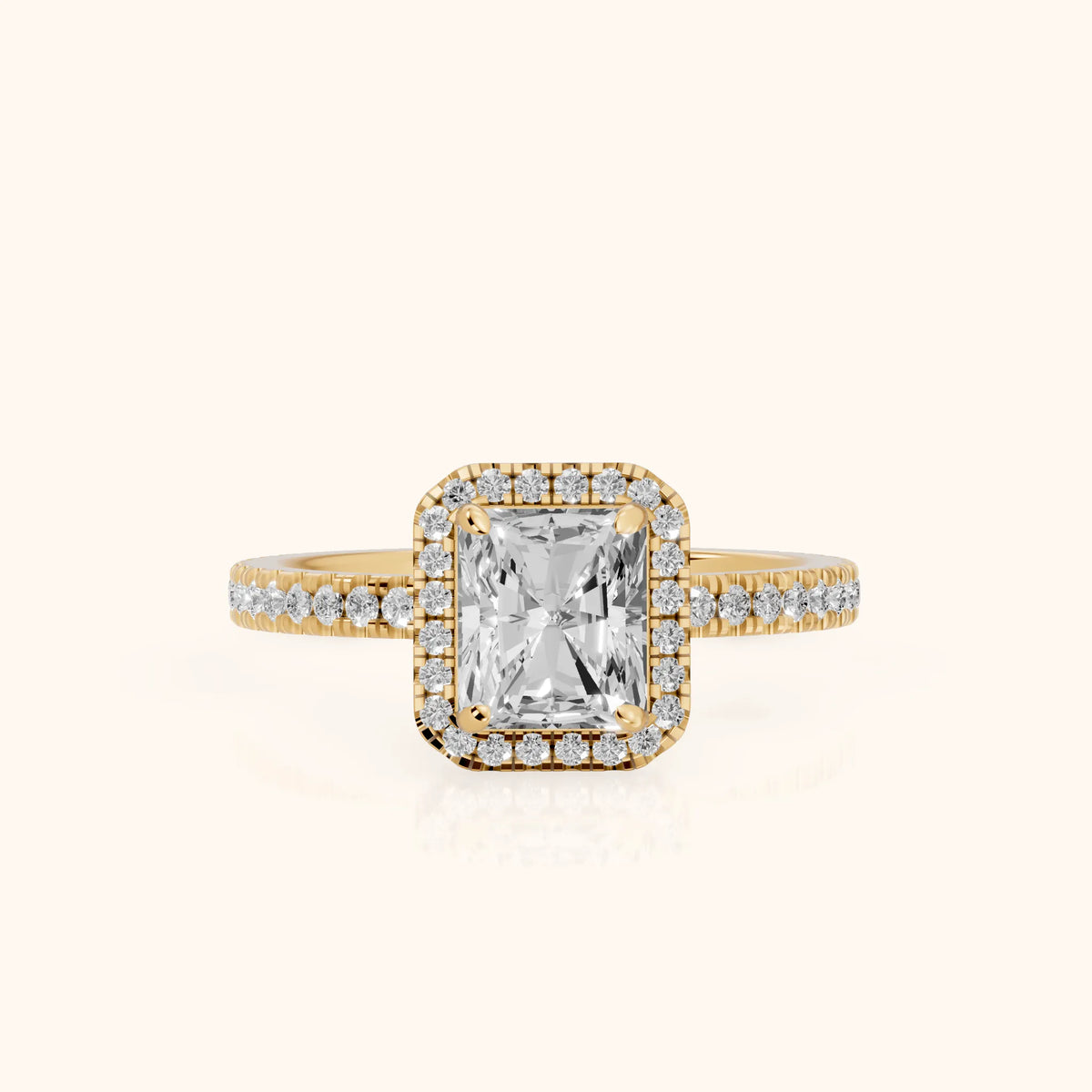Rosemary Halo Pavé Radiant Diamond Engagement Ring in Yellow Gold - FrontView.webp