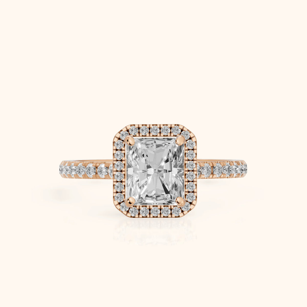 Mabel Halo French Pavé Radiant Diamond Engagement Ring in Rose Gold - FrontView.webp