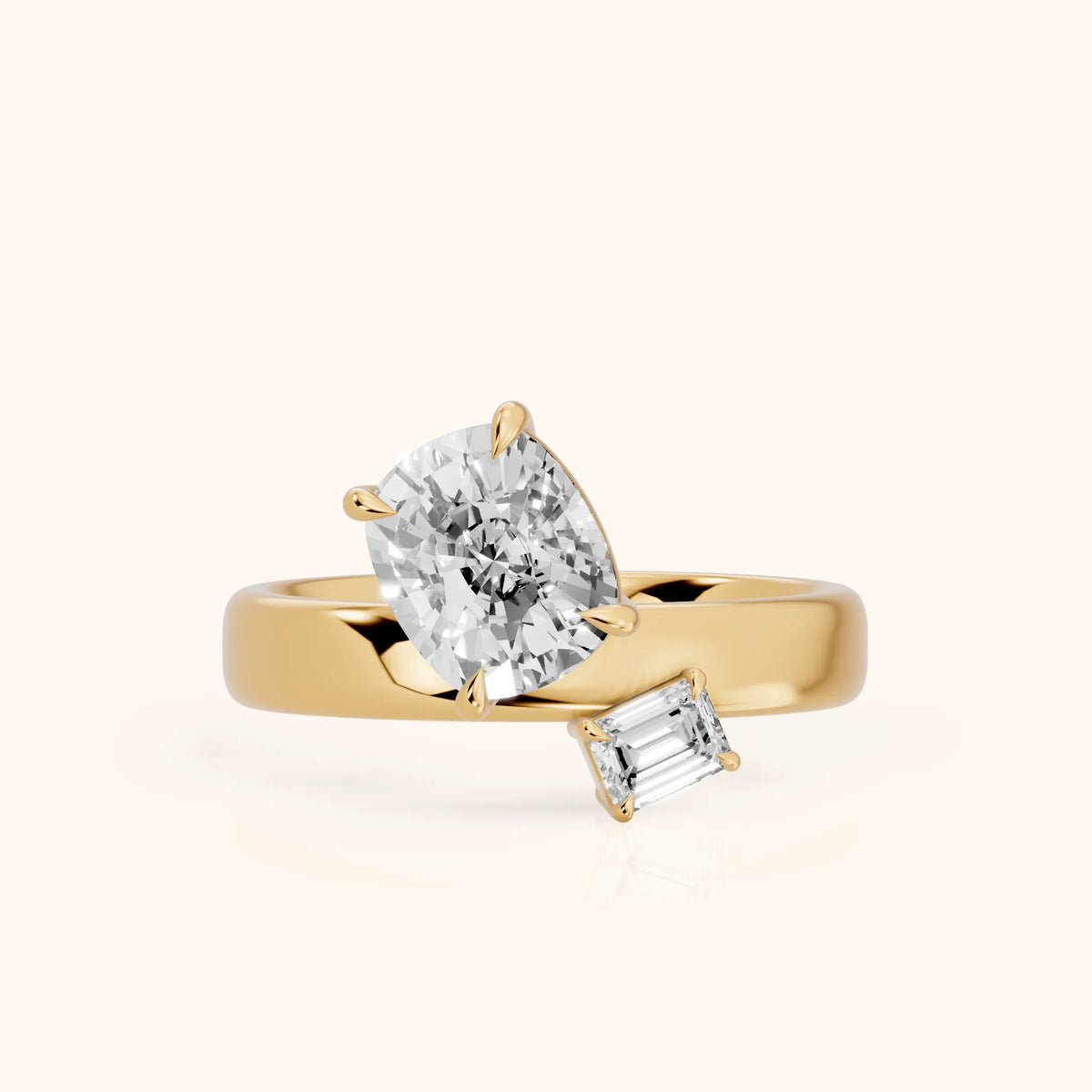 Sabrina Two-Stone Cushion & Emerald Diamond Engagement Ring in Yellow Gold - FrontView.webp