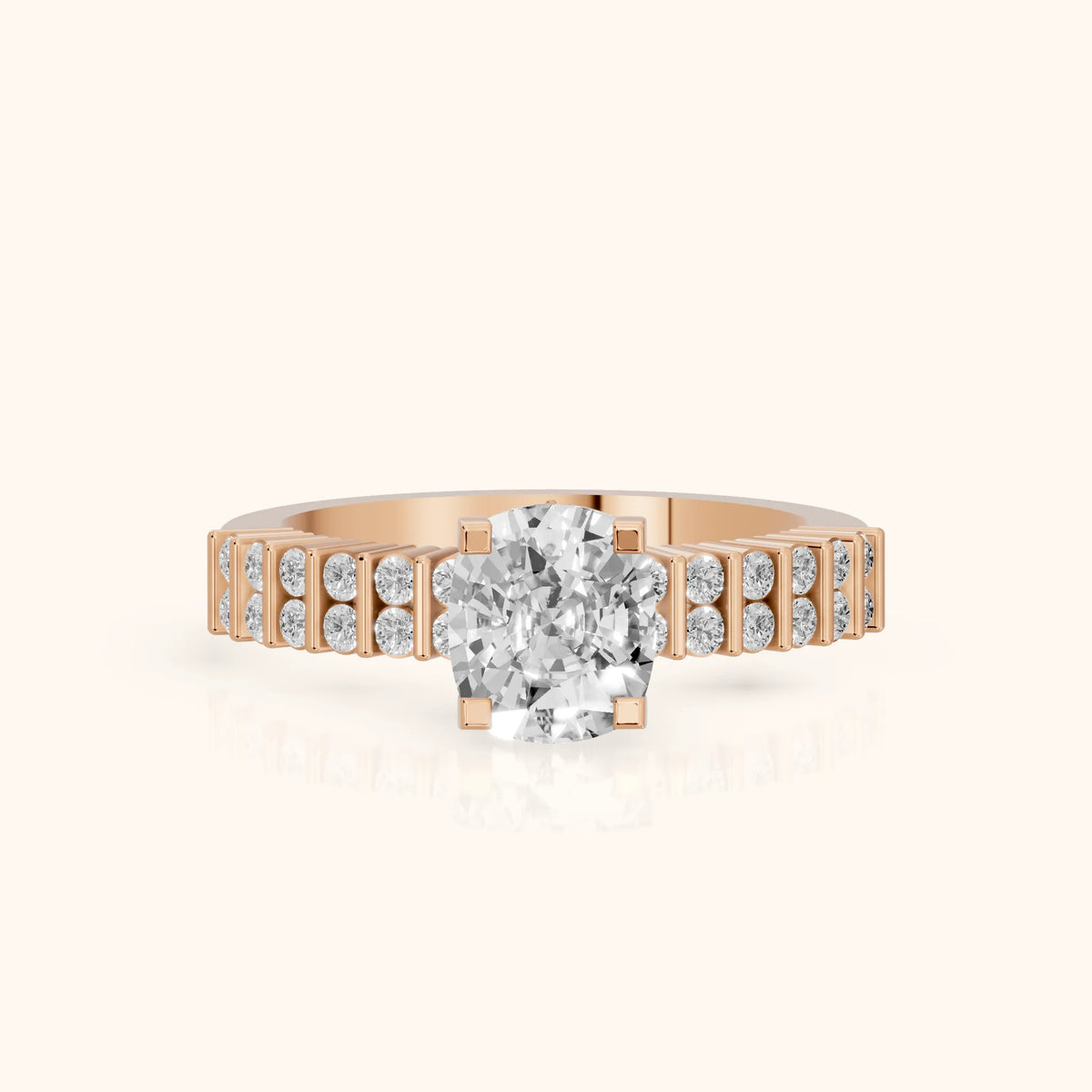 Honor Sidestone Cushion Diamond Engagement Ring in Rose Gold - FrontView.webp