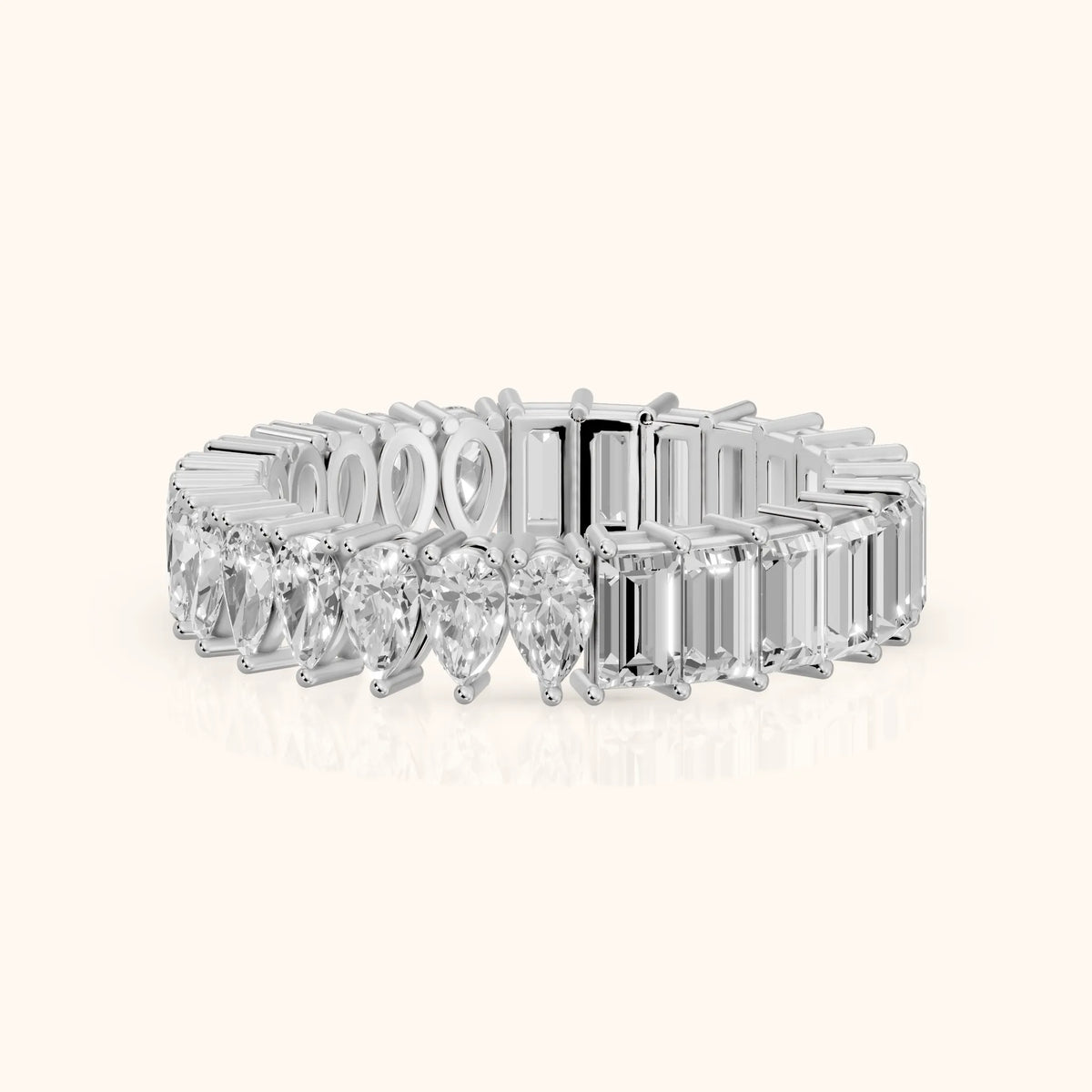 Nuria Shared Prong Pear & Baguette Diamond Eternity Band in White Gold - FrontView